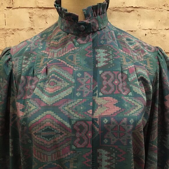 Vintage 80s Teal Blue Southwest Secretary Blouse High Neck Ruffle Trim Size 8 - Picture 2 of 4